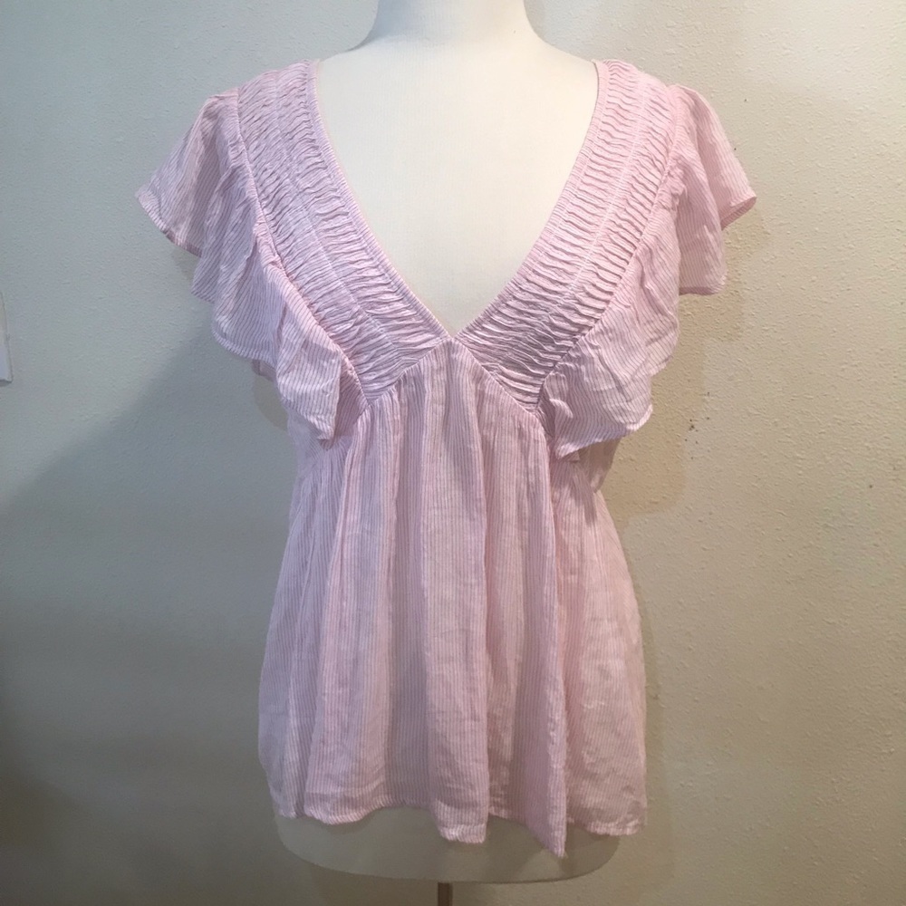 Lucky Brand white red stripes ruffle sleeve top M